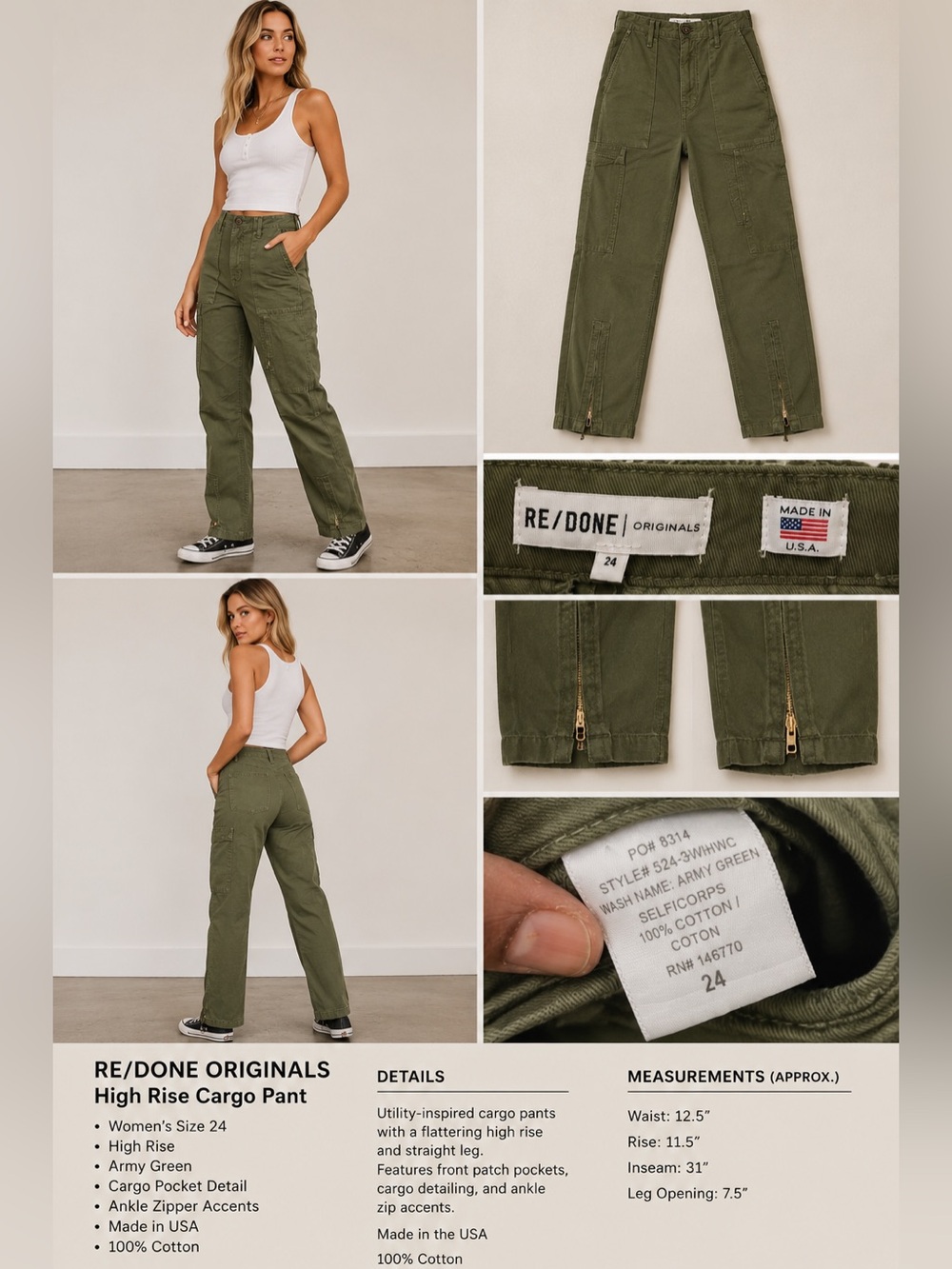RE/DONE Originals High Rise Cargo Pants Army Green Made in USA Women's Size 24